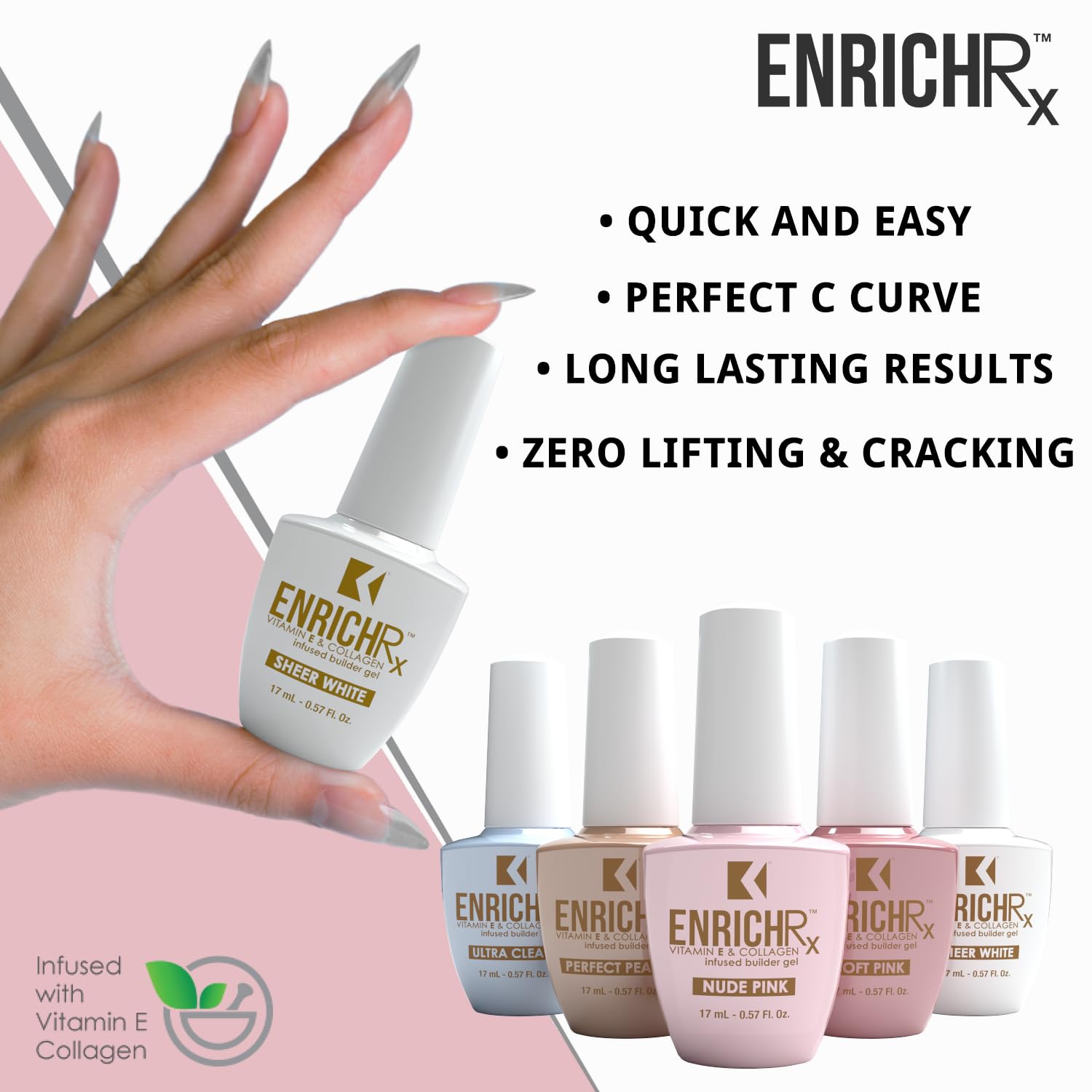 KUPA GelFinity EnrichRx bottle highlights vitamin E and collagen infusion for nails.