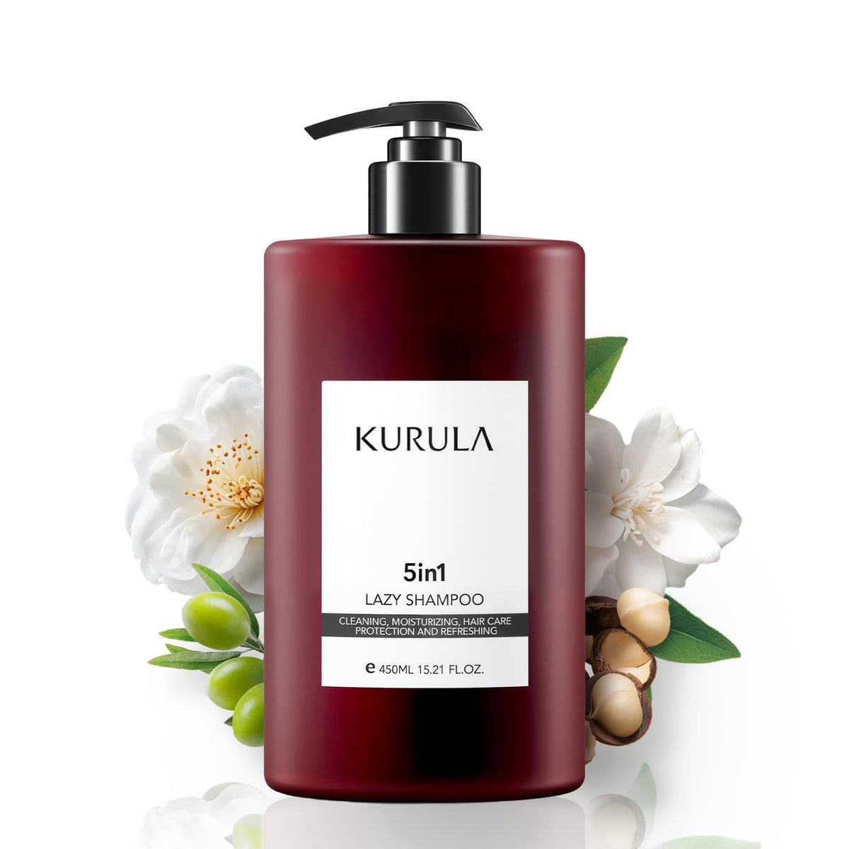 Kurula all-in-one shampoo bottle demonstrates cleansing and nourishment.