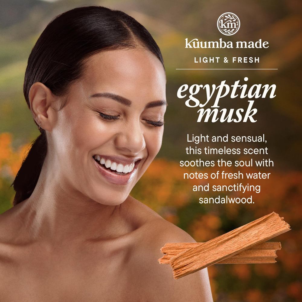Kuumba Made Musc Égyptien — notes de parfum visibles sur l'emballage.