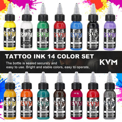 KVM bouteille encre tatouage ouverte, visuel clair et pratique pour application rapide.