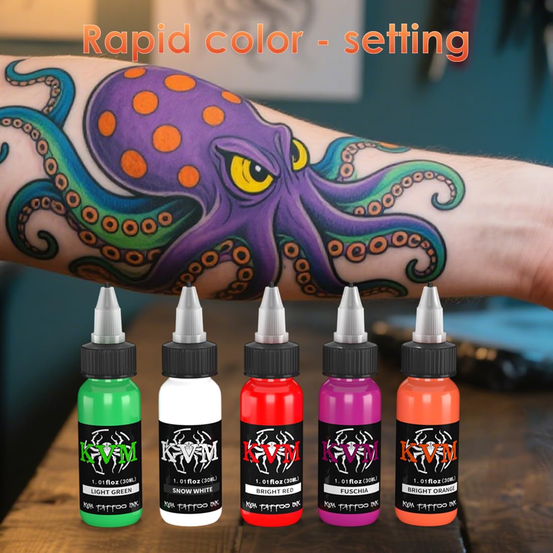 KVM set tatouage 14 couleurs, prêt pour ateliers et studios professionnels.