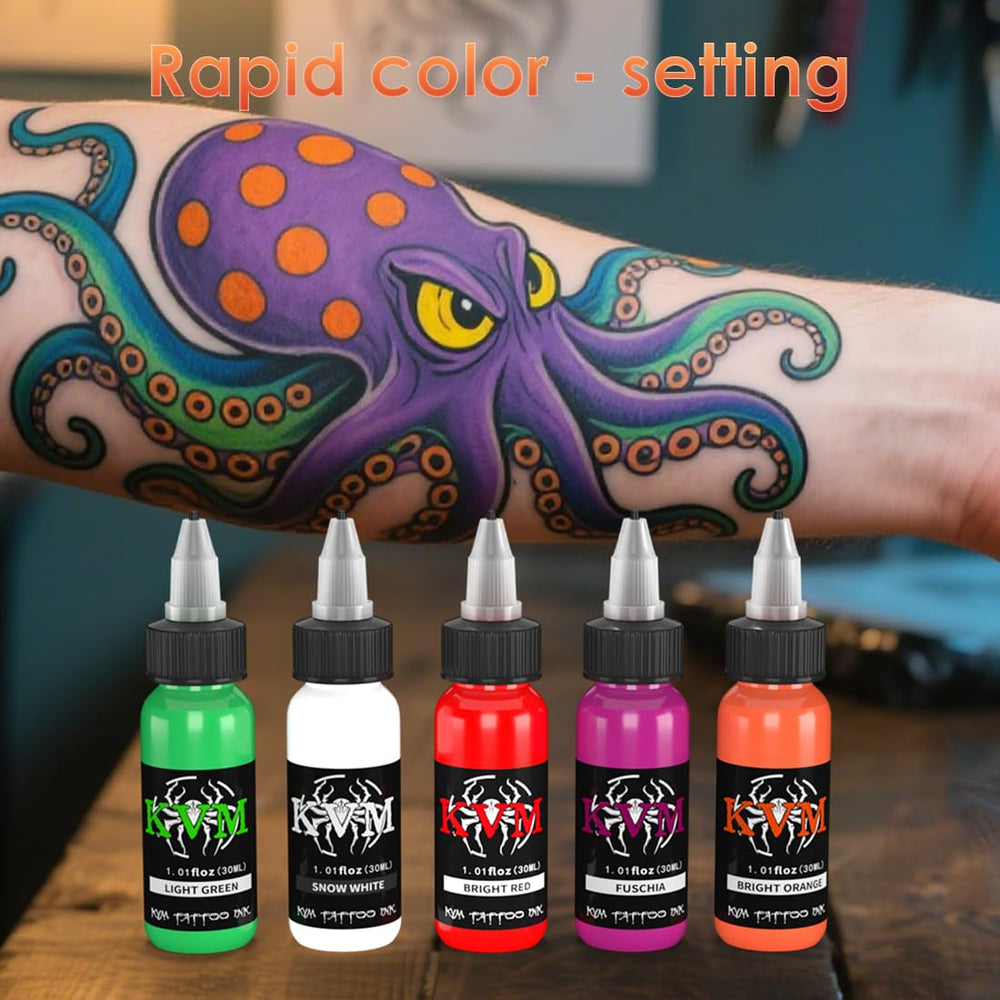 KVM set tatouage 14 couleurs, prêt pour ateliers et studios professionnels.