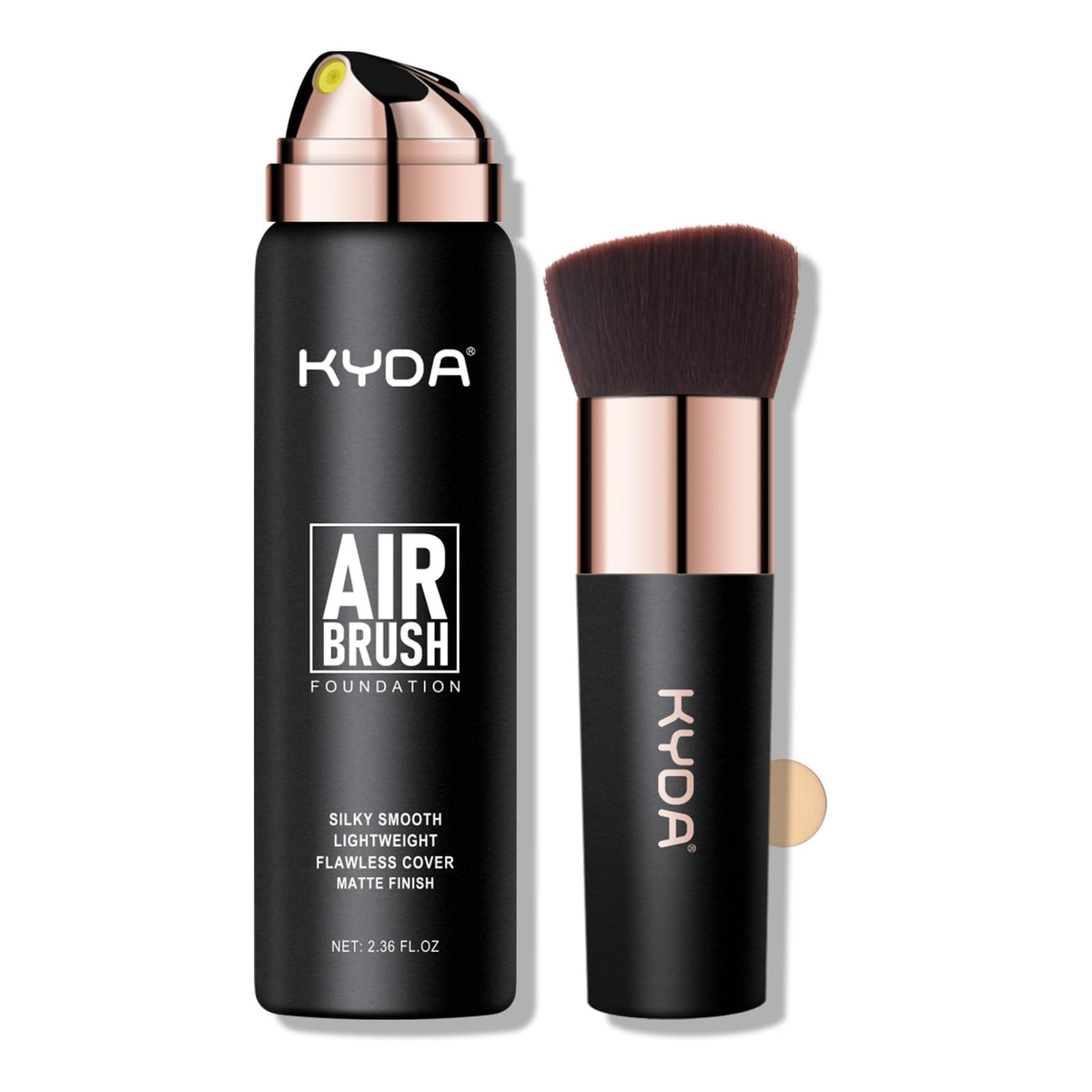 KYDA Aerosol fond de teint – bouteille montrant une couvrance fluide et uniforme.
