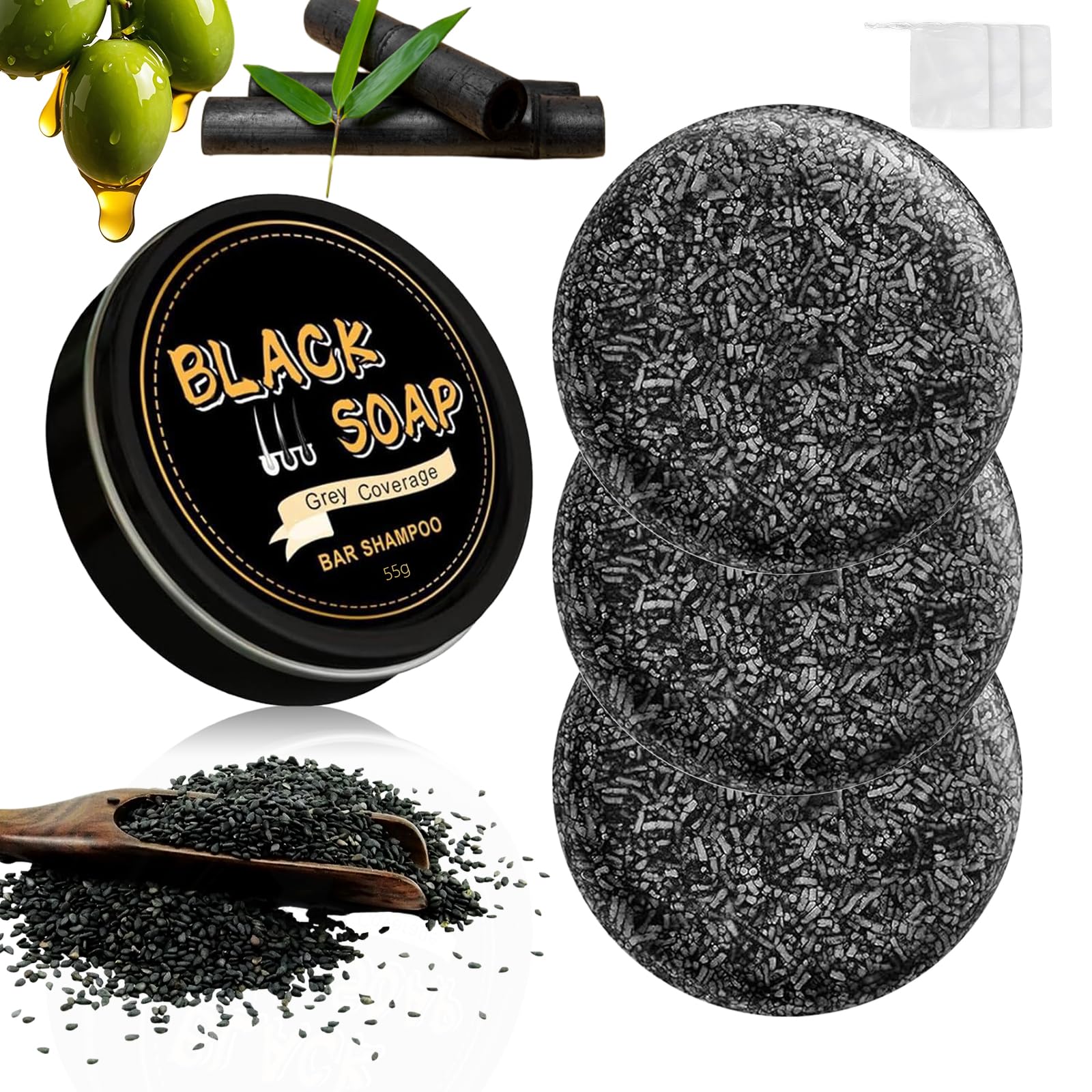 KYDA barre-shampoing noire pour cheveux gris, possibilité de coloration naturelle et soin du cuir chevelu.