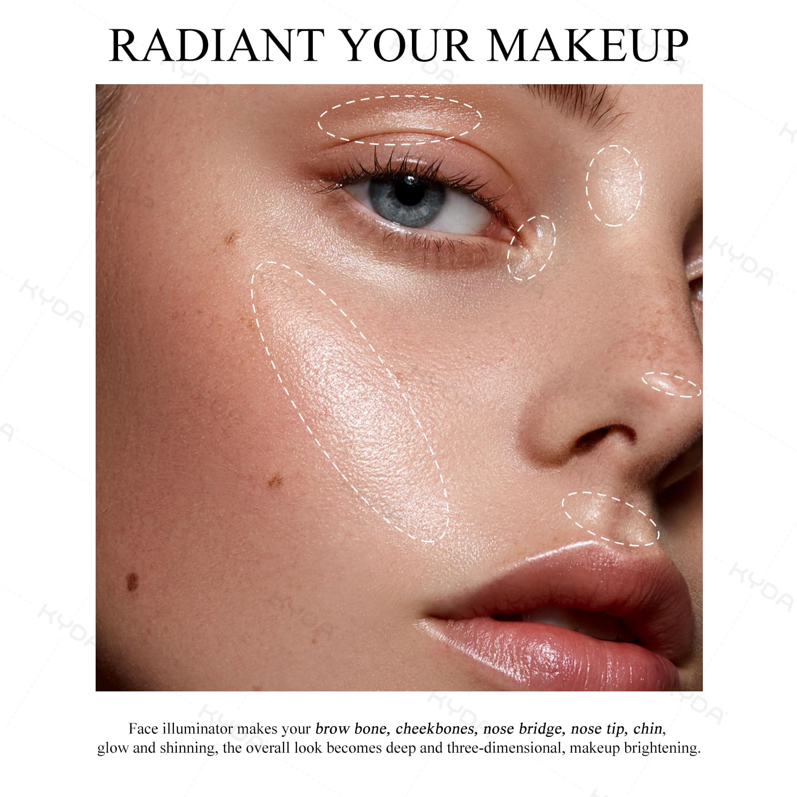 Palette illuminateur KYDA avec trois teintes éclat multidimensionnel pour un look varié.