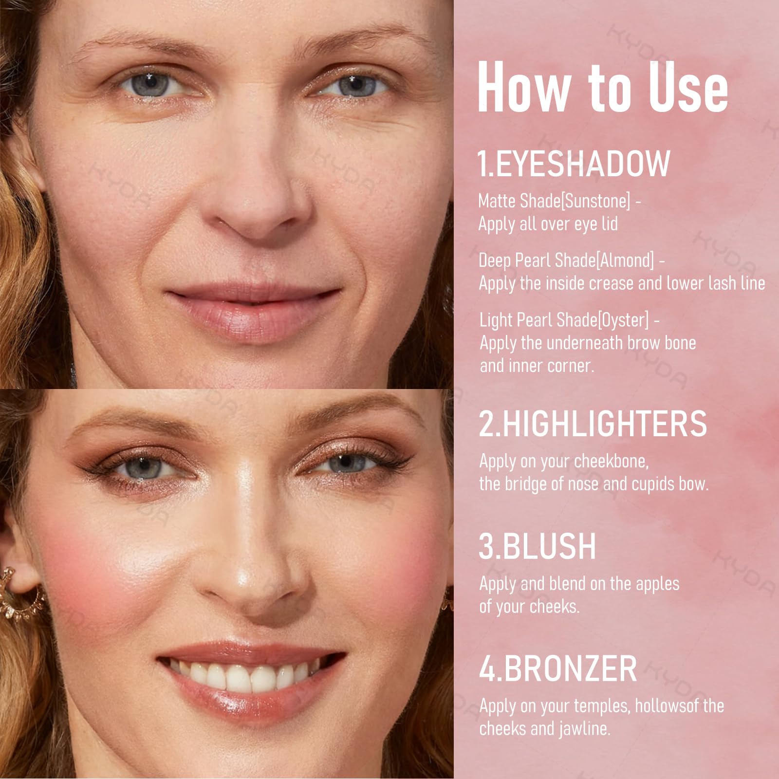 KYDA highlighter lumineux – éclat nacré sur les pommettes.