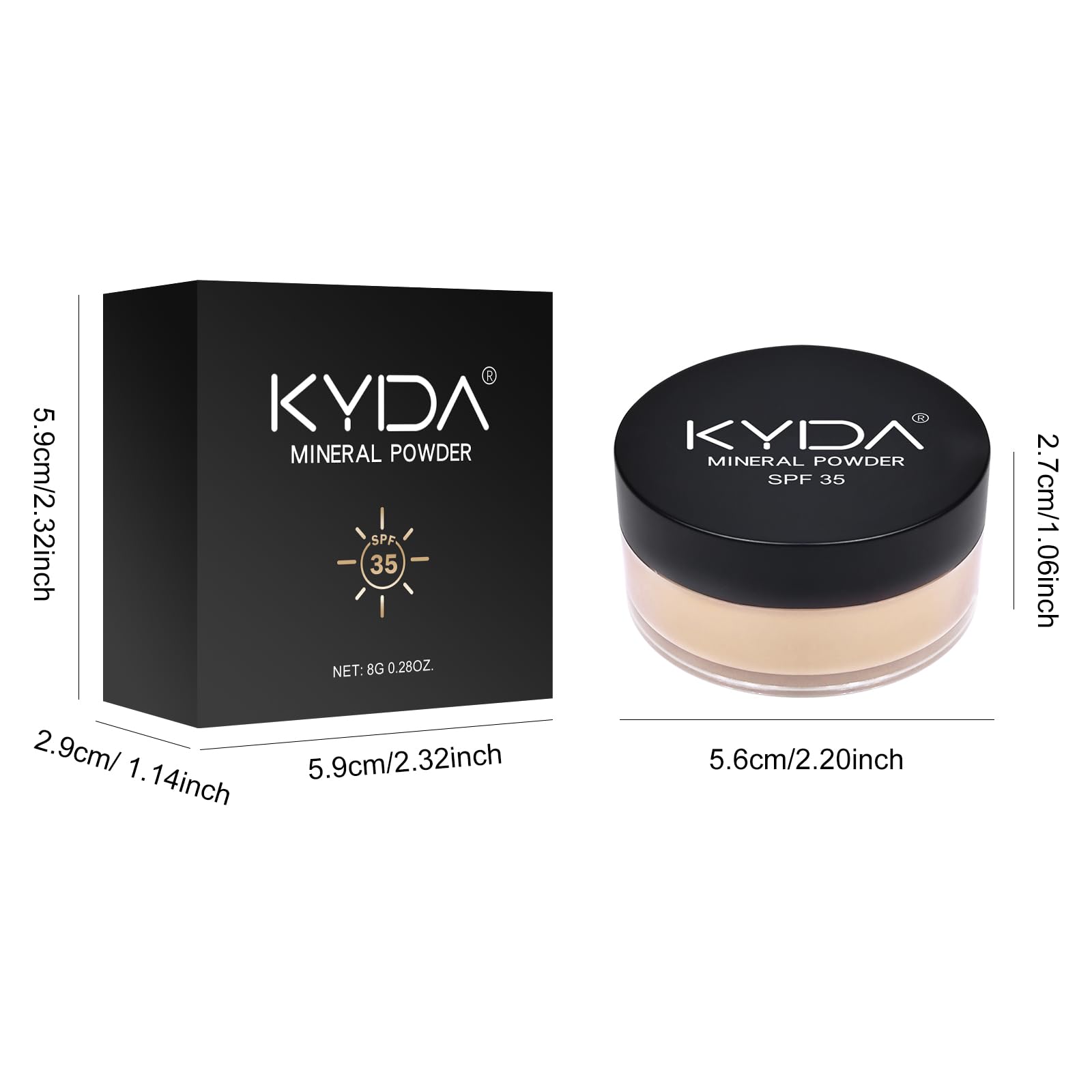 KYDA poudre minérale emballage compact élégant, idéal pour des retouches en déplacement.
