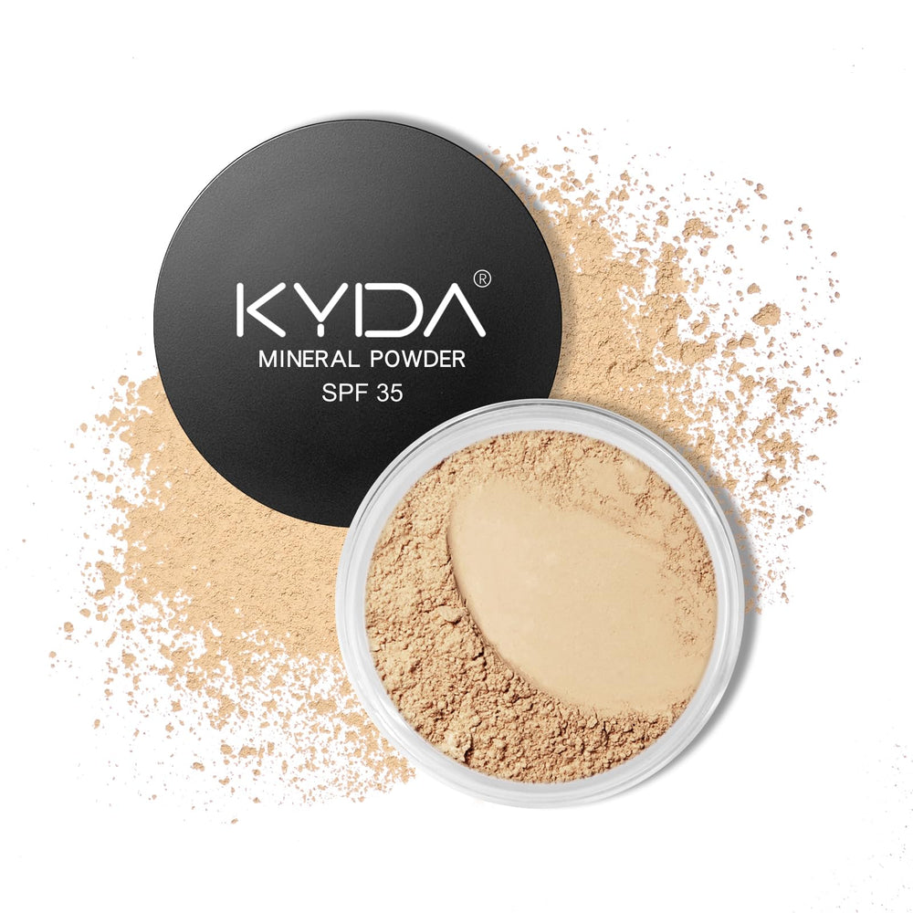 KYDA poudre minérale teinte claire, flacon sur fond épuré pour une base légère.