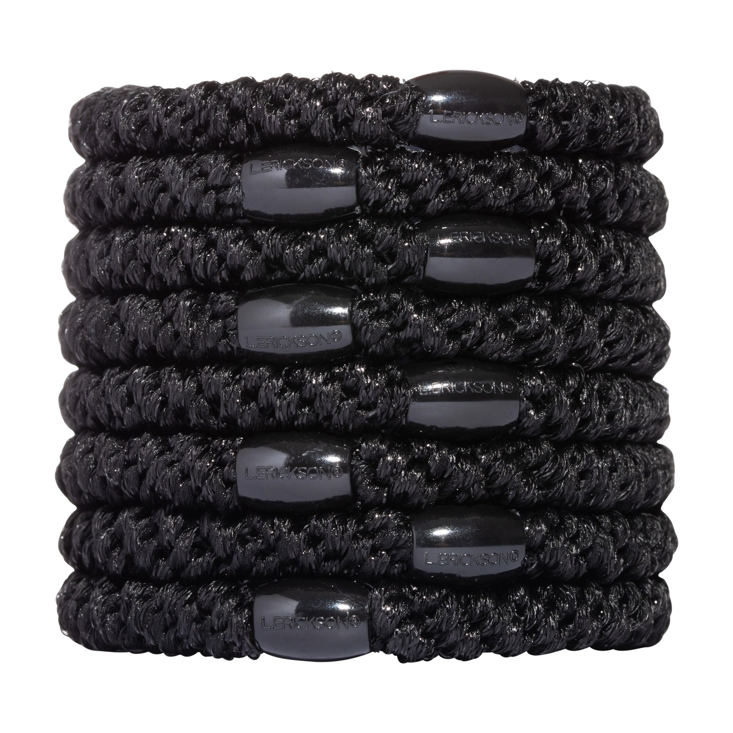 Élastiques L. Erickson noir, lot de 8, maintien fort sans marquer les cheveux.