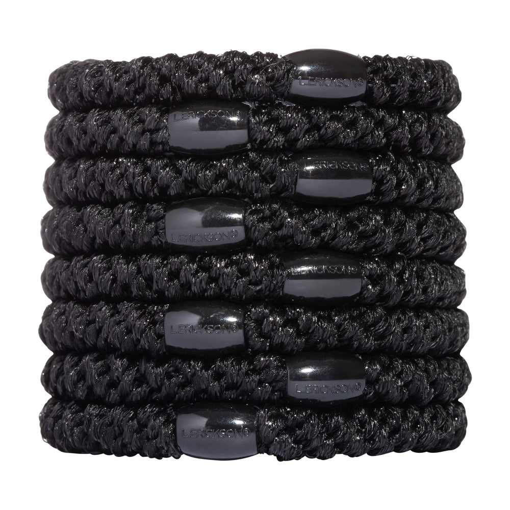 Élastiques L. Erickson noir, lot de 8, maintien fort sans marquer les cheveux.