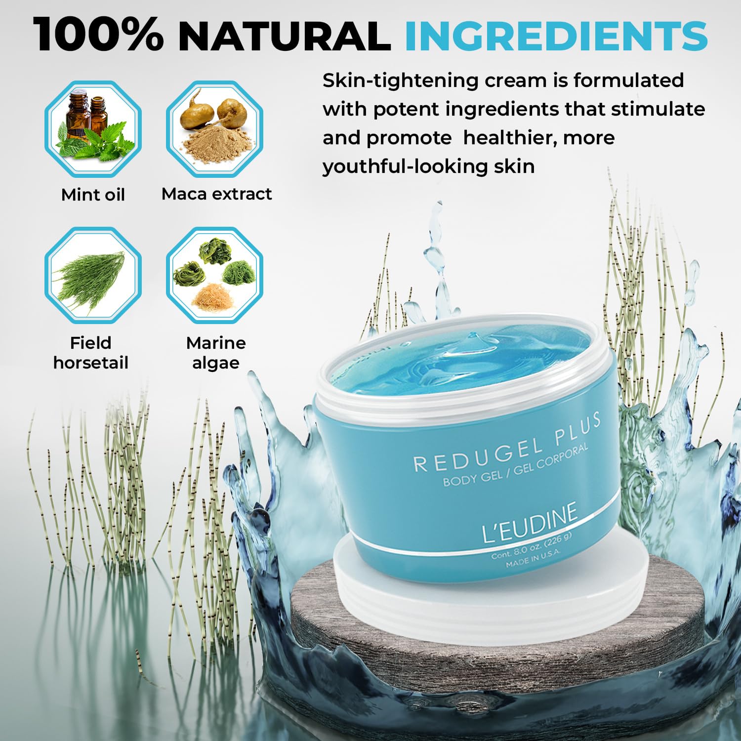 Texture gel frais Redugel Plus – application rapide sans film gras sur la peau.