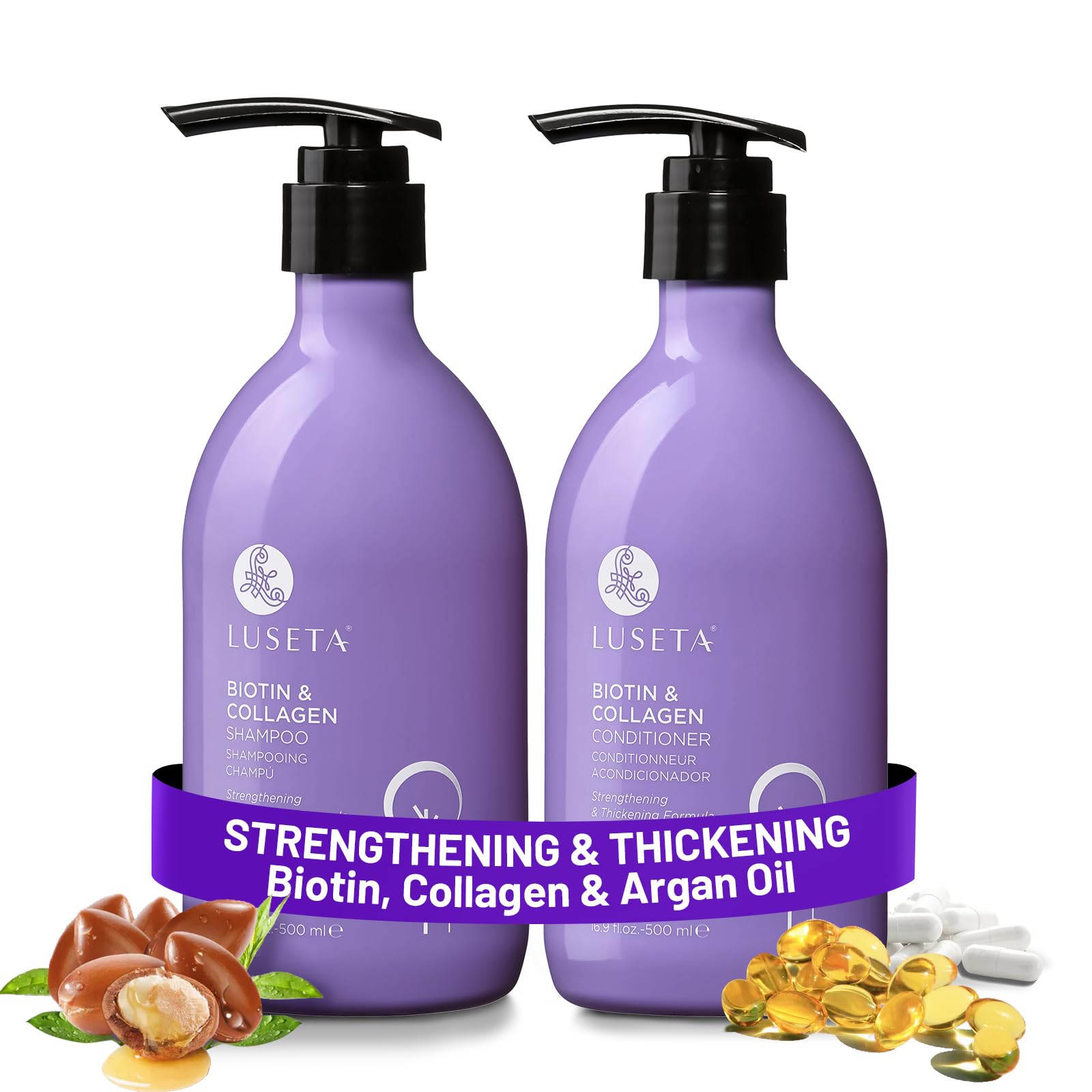 Shampoing Biotine L LUSETA en bouteille, promet des cheveux plus forts.