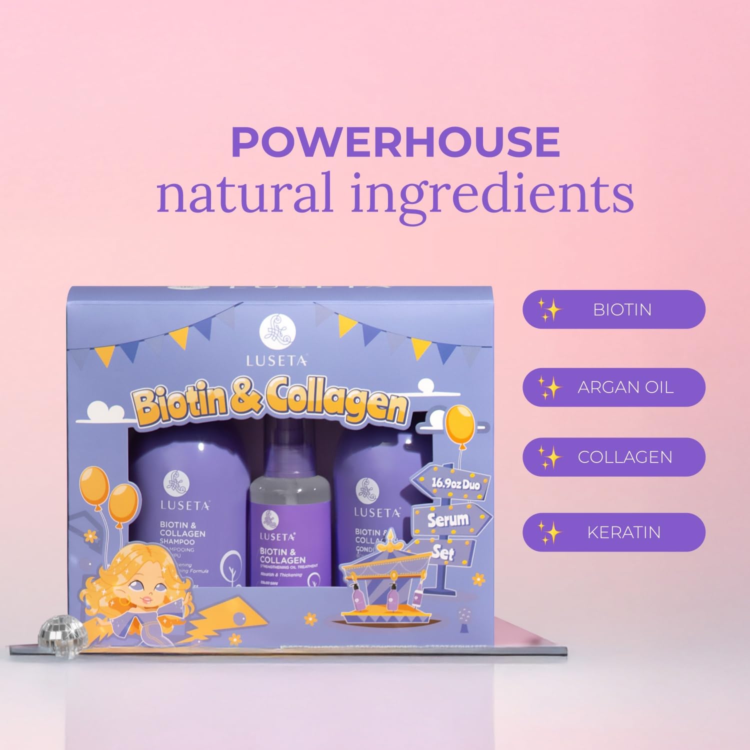 L LUSETA Biotin Trio actifs clés – biotine et collagène nourrissent chaque mèche.