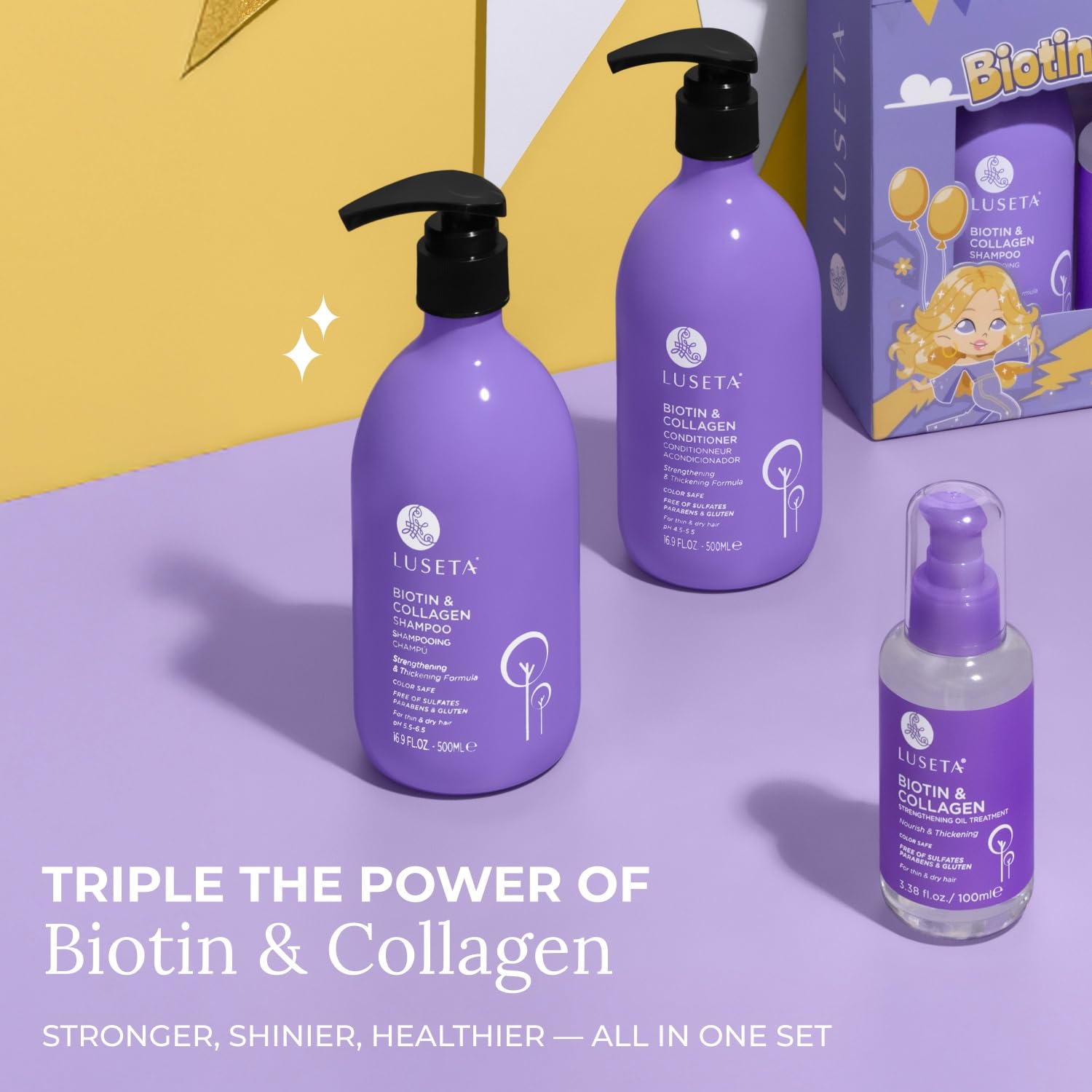 L LUSETA Biotin Trio sérum cheveux flacon – réduit les frisottis et apporte brillance.