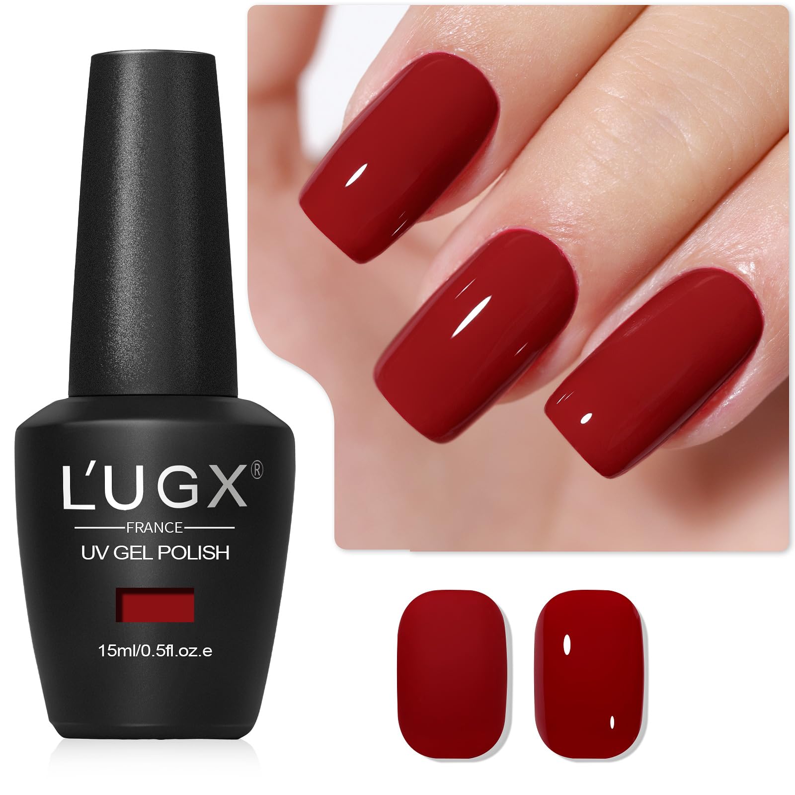 Vernis gel rouge L'UGX Noël cerise 15ml sur ongle prêt pour les fêtes.