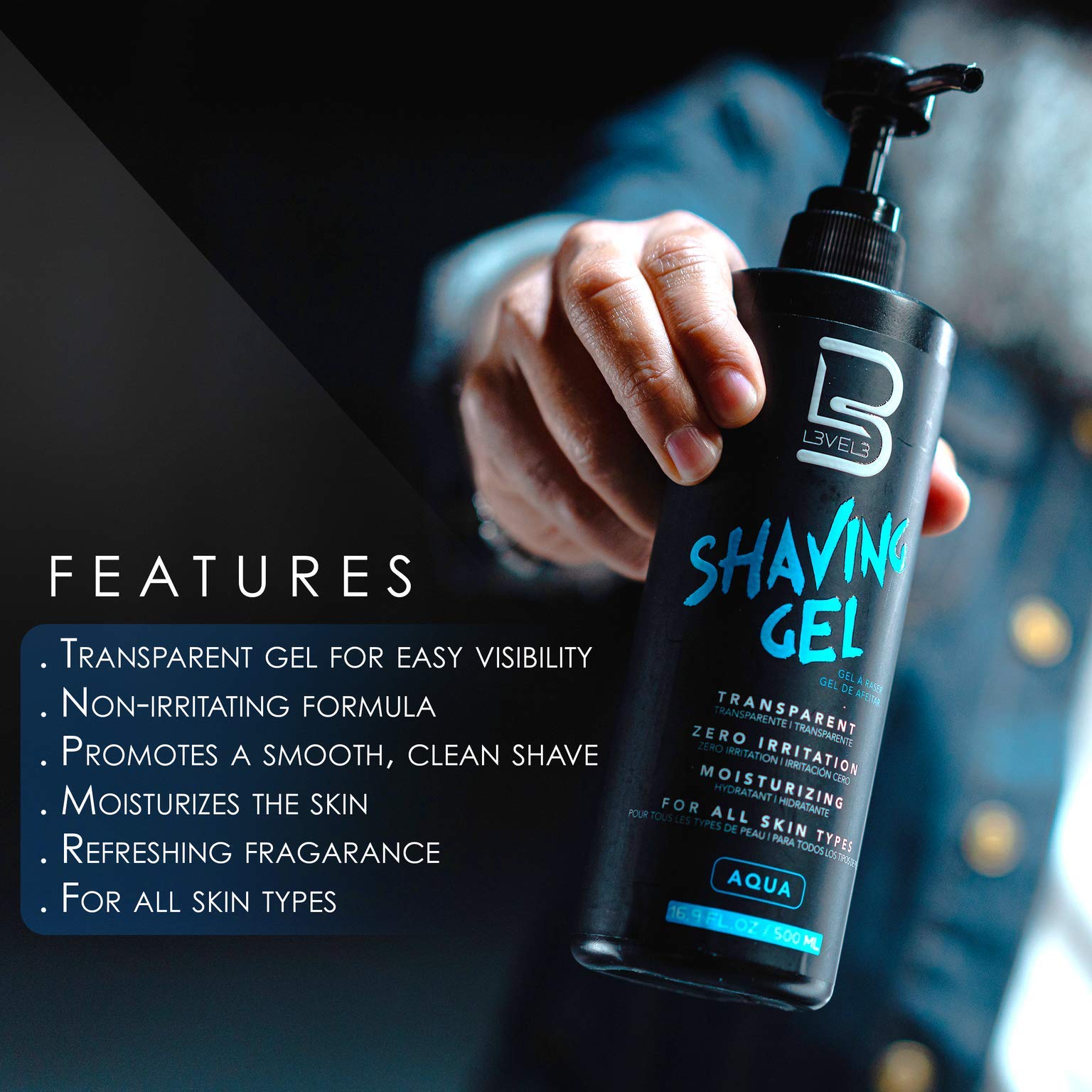 Flacon L3 gel de rasage Aqua pour une utilisation précise.