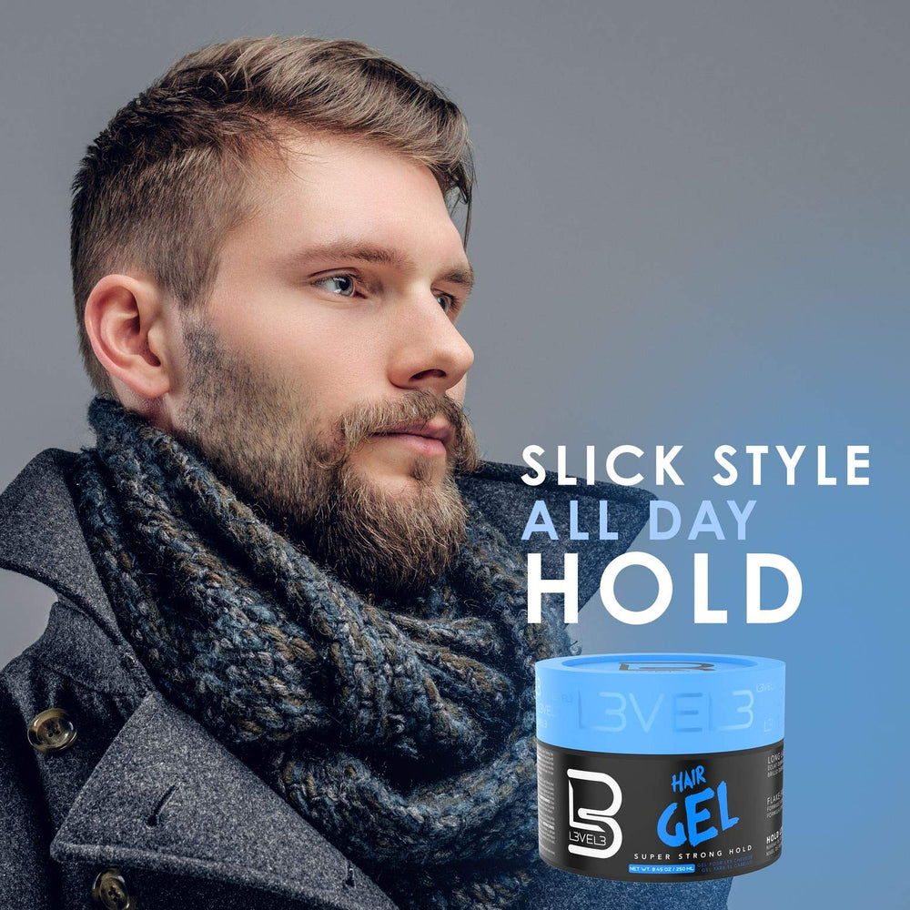 L3 Gel cheveux, brillance longue durée, fini naturel.