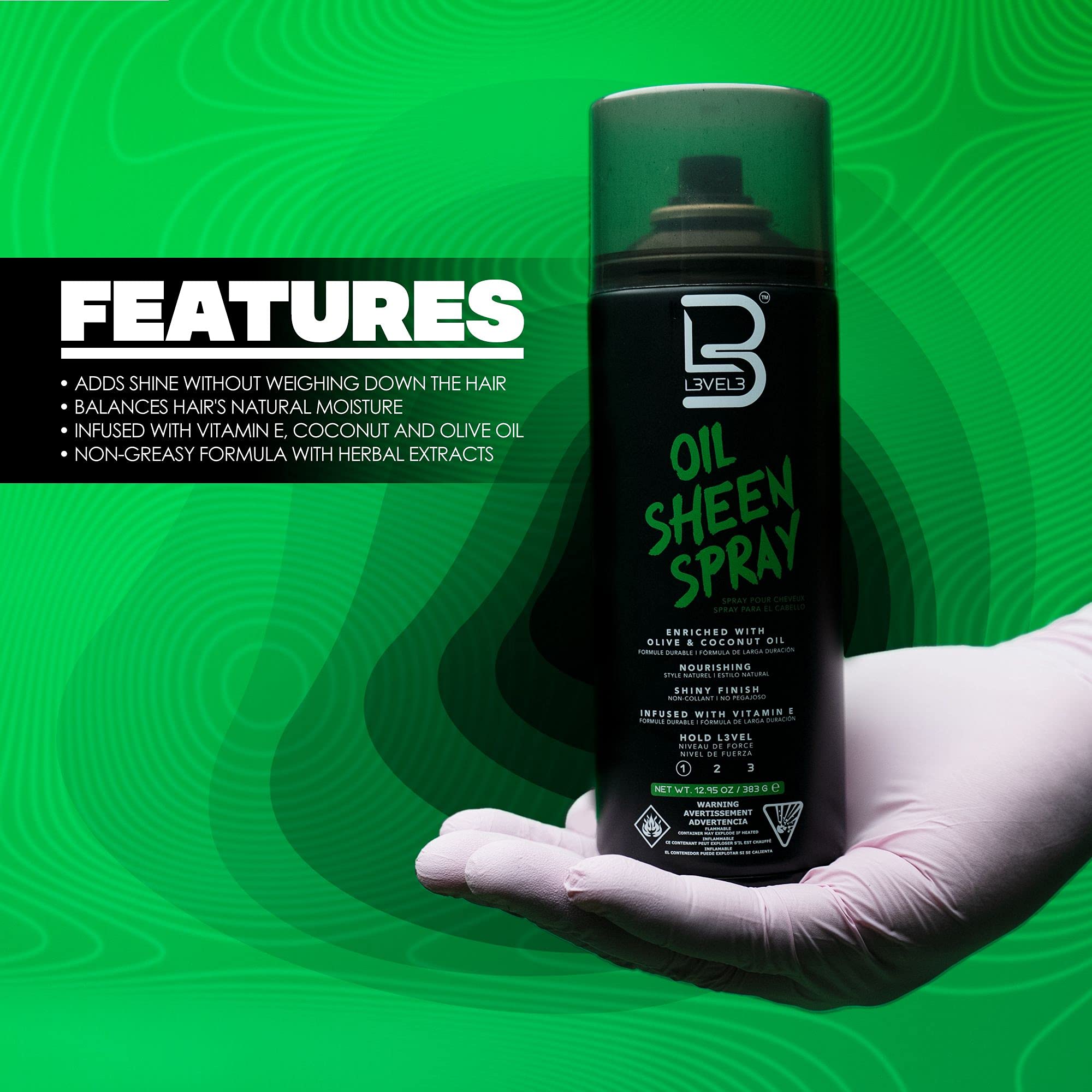 L3 Level 3 Oil Sheen Spray appliqué sur les cheveux pour un fini lustré