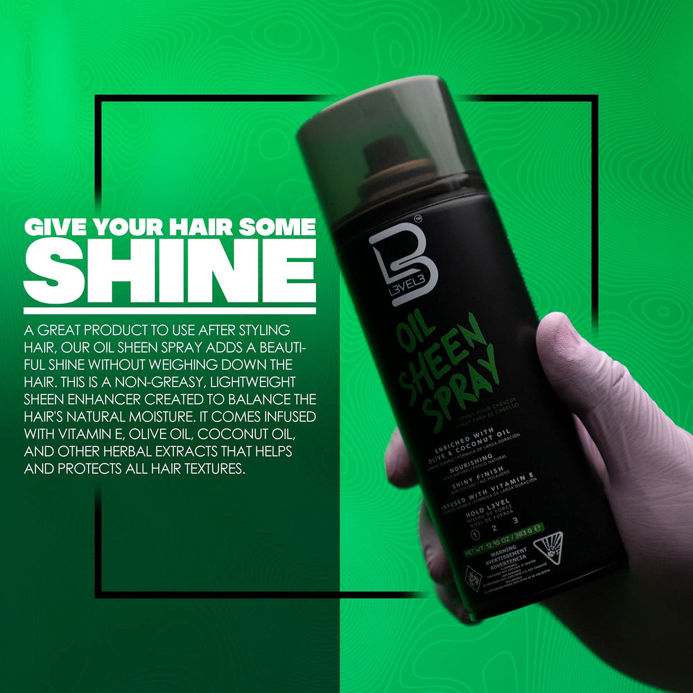 L3 Level 3 Oil Sheen Spray en action, pulvérisation légère sur cheveux