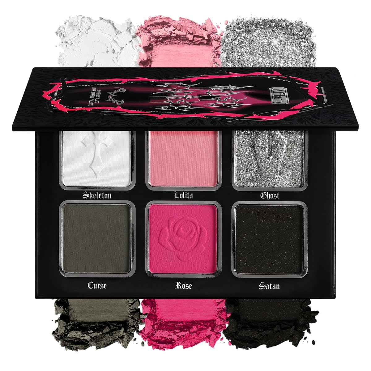 La Catrina palette yeux gothique, miroir intégré pour regard fumé durable.