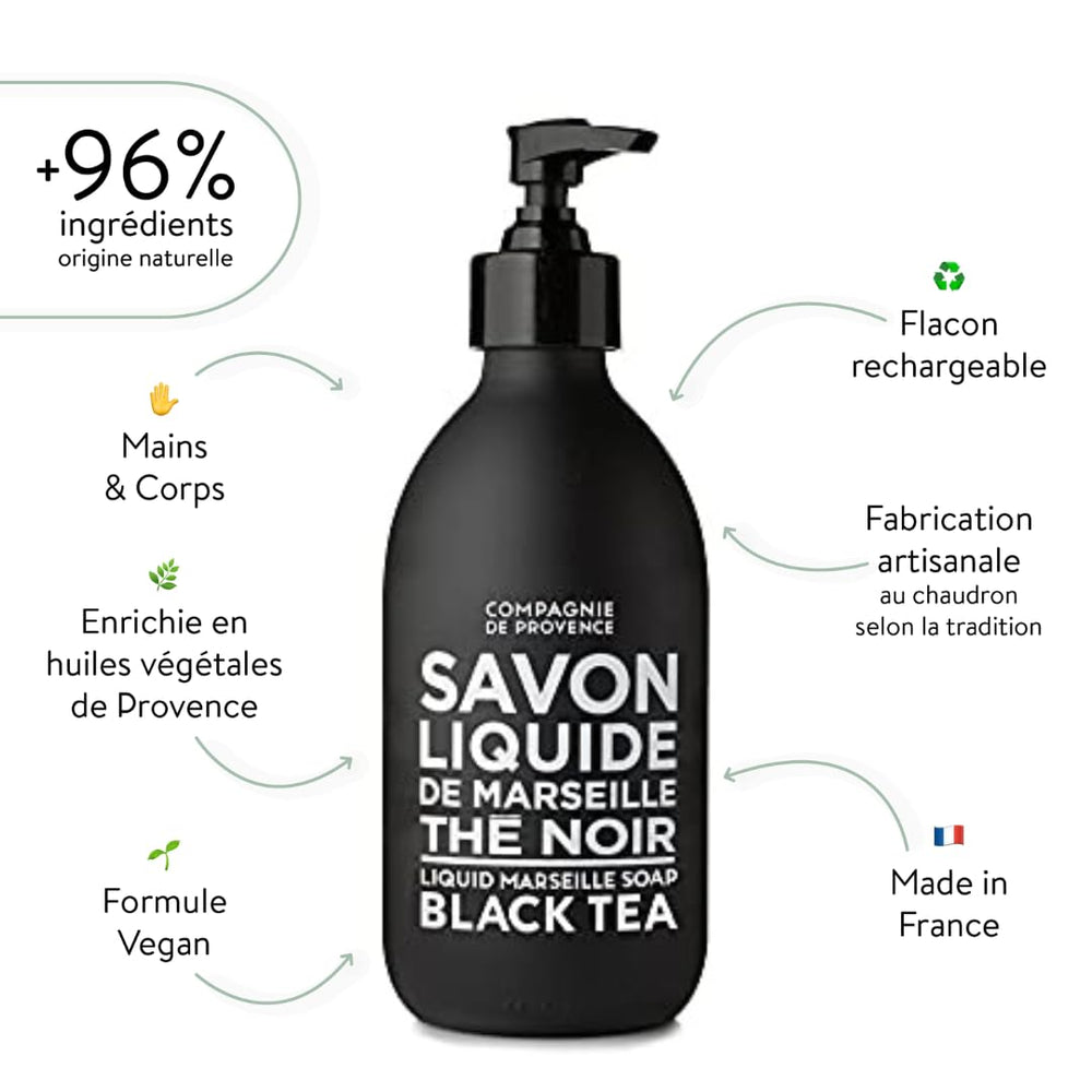 La Compagnie de Provence étiquette élégante, savon liquide idéal pour salle de bains.