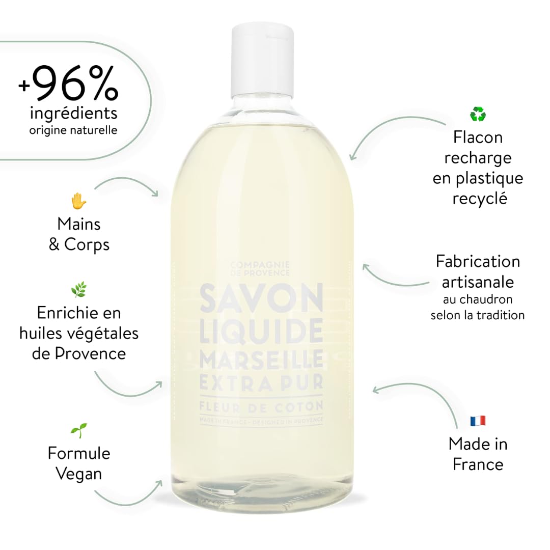 Recharge La Compagnie de Provence, fleur coton, parfum doux pour mains et douche.