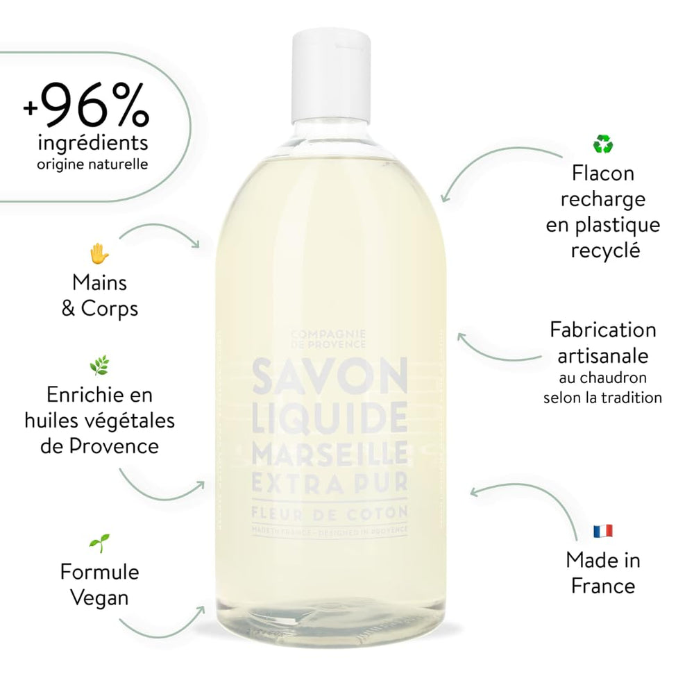Recharge La Compagnie de Provence, fleur coton, parfum doux pour mains et douche.