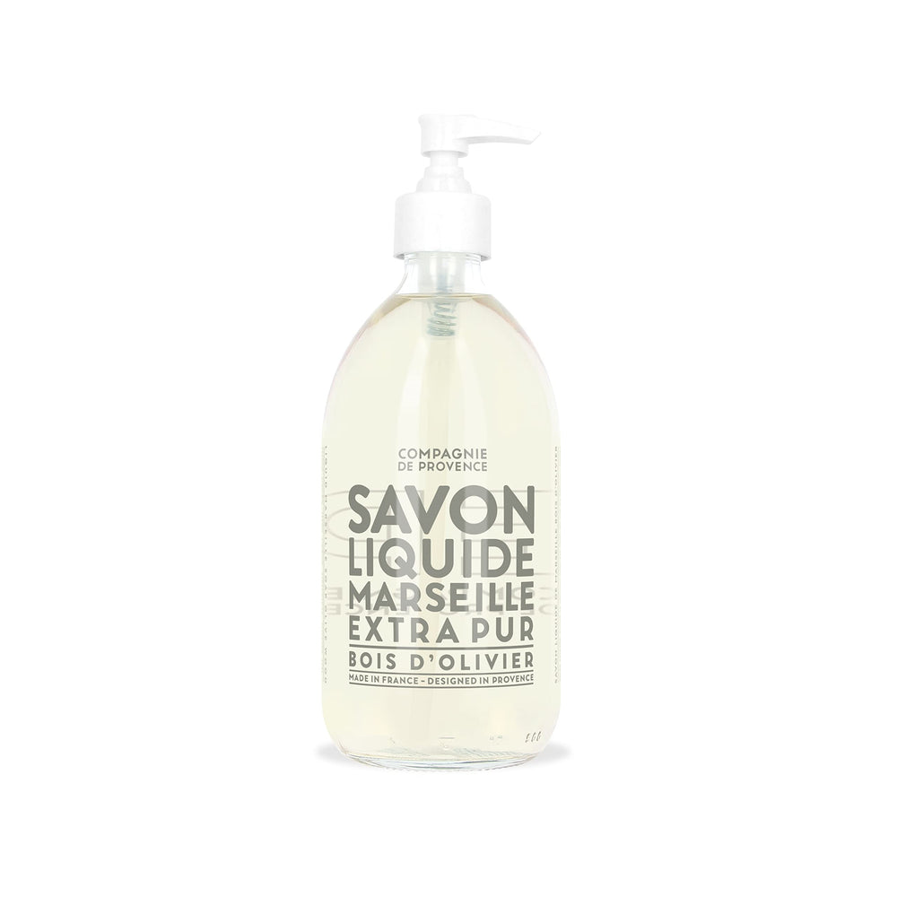 La Compagnie de Provence Savon Bois d'olivier – bouteille en verre avec pompe, douceur quotidienne pour les mains.