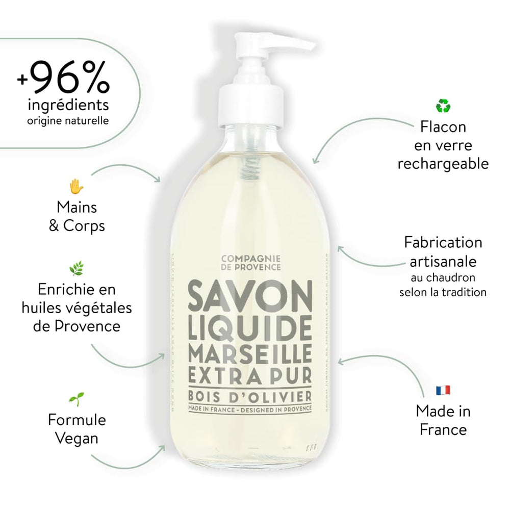 La Compagnie de Provence Savon Bois d'olivier – détail pompe, parfum chaleureux et riche.