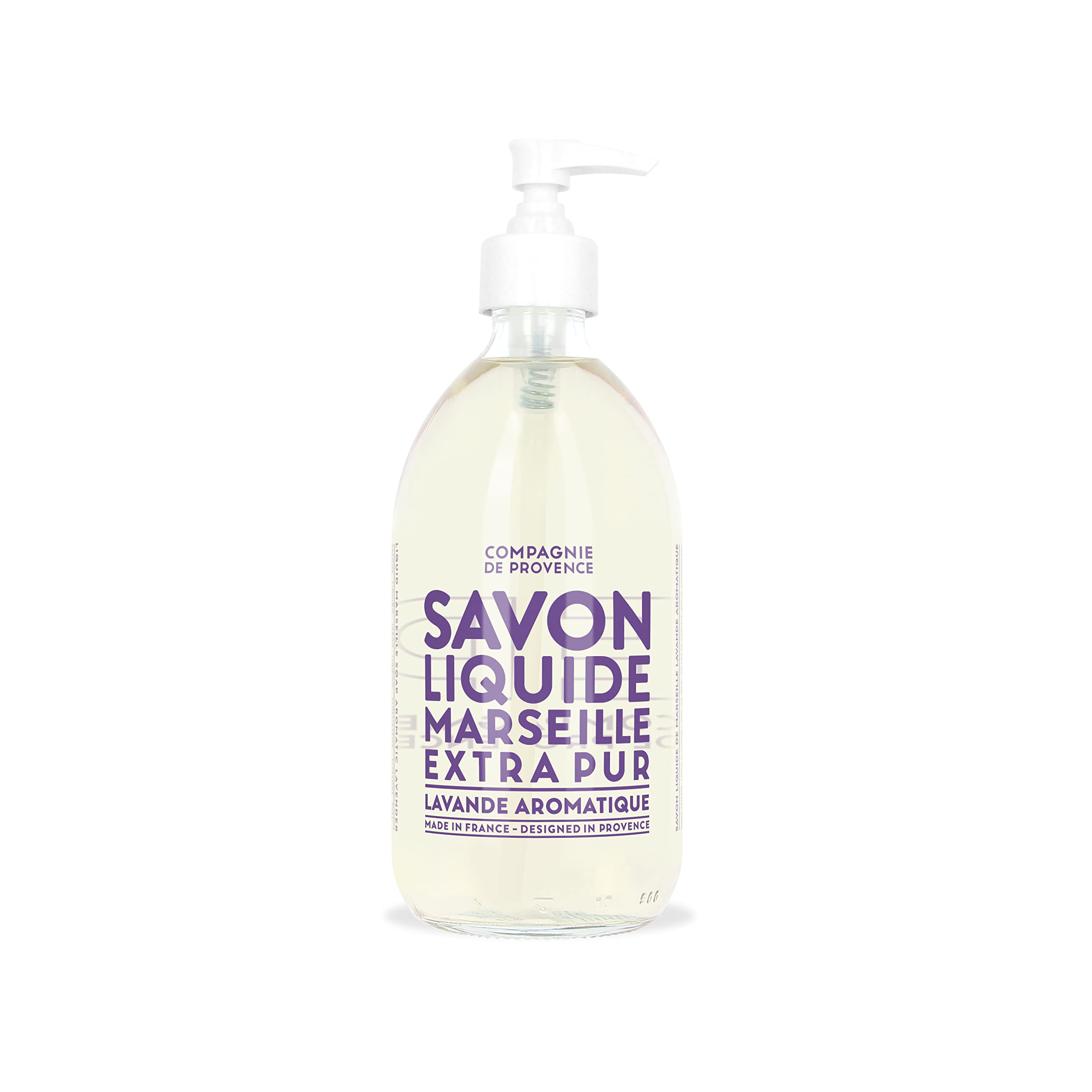 Savon Lavande Extra Pure de La Compagnie de Provence, flacon pompe en verre, douceur et parfum relaxant.