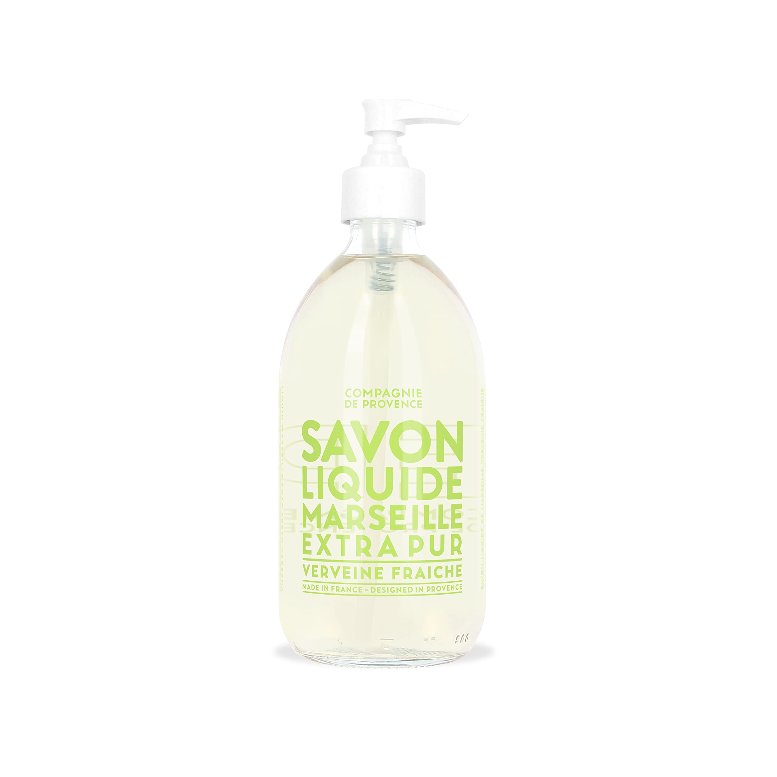 La Compagnie de Provence Savon Verveine en bouteille pompe en verre, lavage des mains doux.