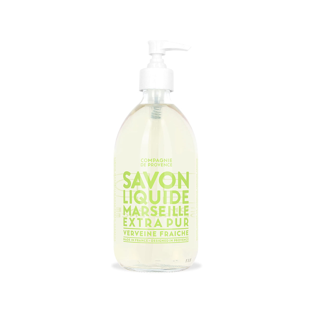 La Compagnie de Provence Savon Verveine en bouteille pompe en verre, lavage des mains doux.
