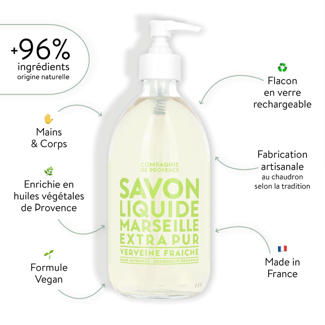 La Compagnie de Provence Savon Verveine en flacon pompe en verre, parfum frais.