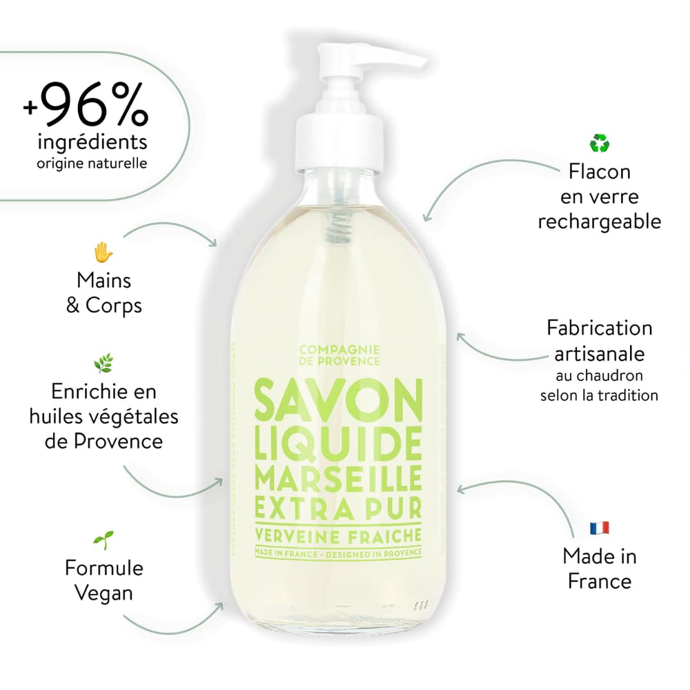 La Compagnie de Provence Savon Verveine en flacon pompe en verre, parfum frais.