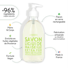 La Compagnie de Provence Savon Verveine en flacon pompe en verre, parfum frais.