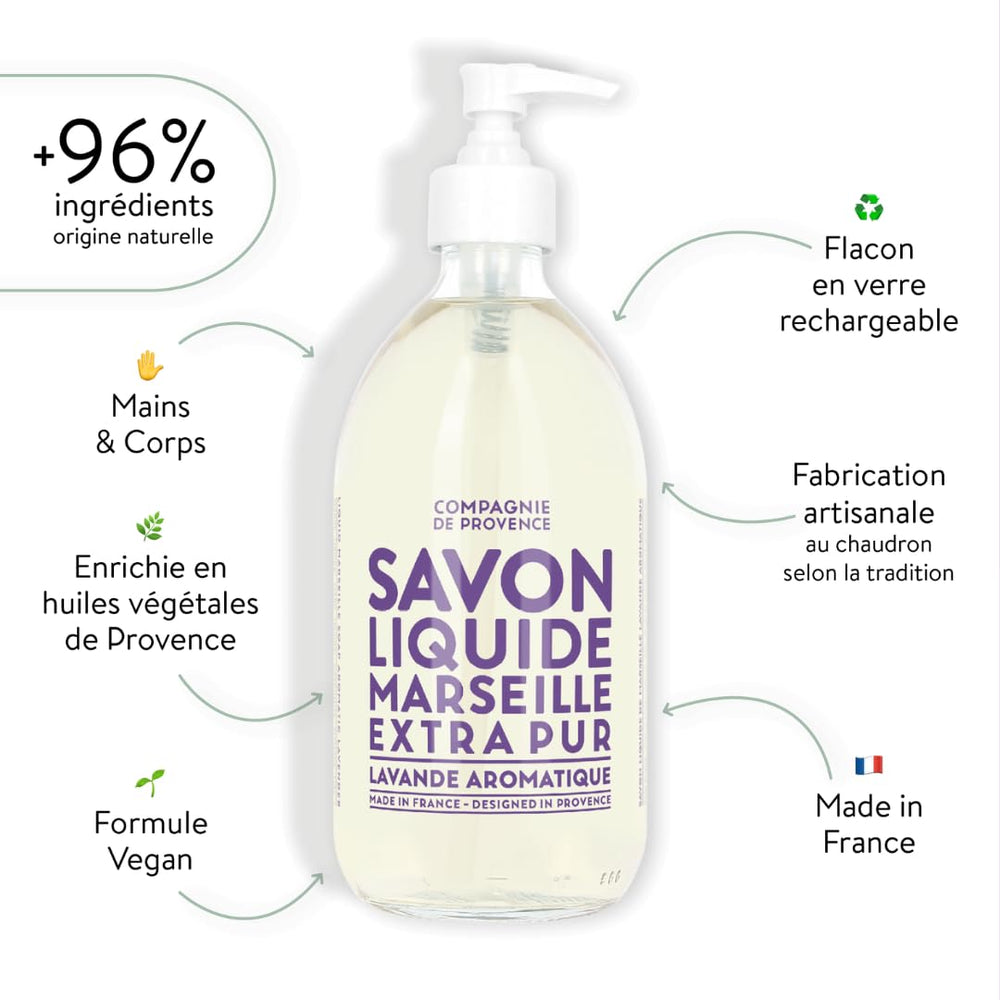 Savon Marseille Authentique de La Compagnie de Provence, formulation liquide pour mains propres.