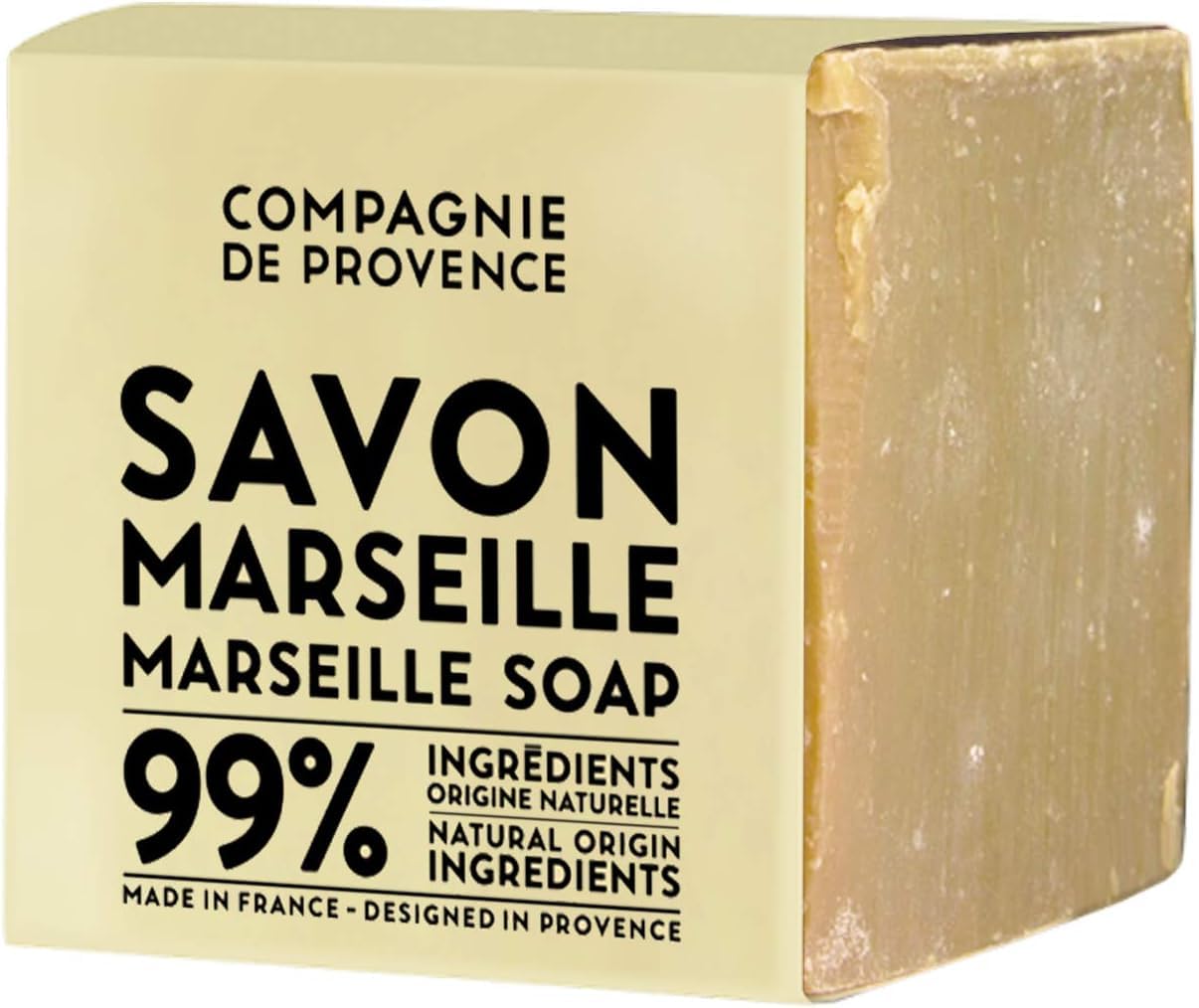 La Compagnie de Provence Savon Marseille cube 400g, nettoyage polyvalent sans parfum pour peau sensible.