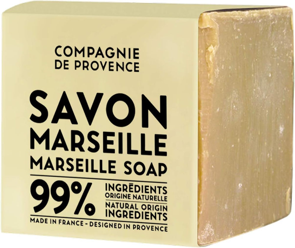 La Compagnie de Provence Savon Marseille cube 400g, nettoyage polyvalent sans parfum pour peau sensible.