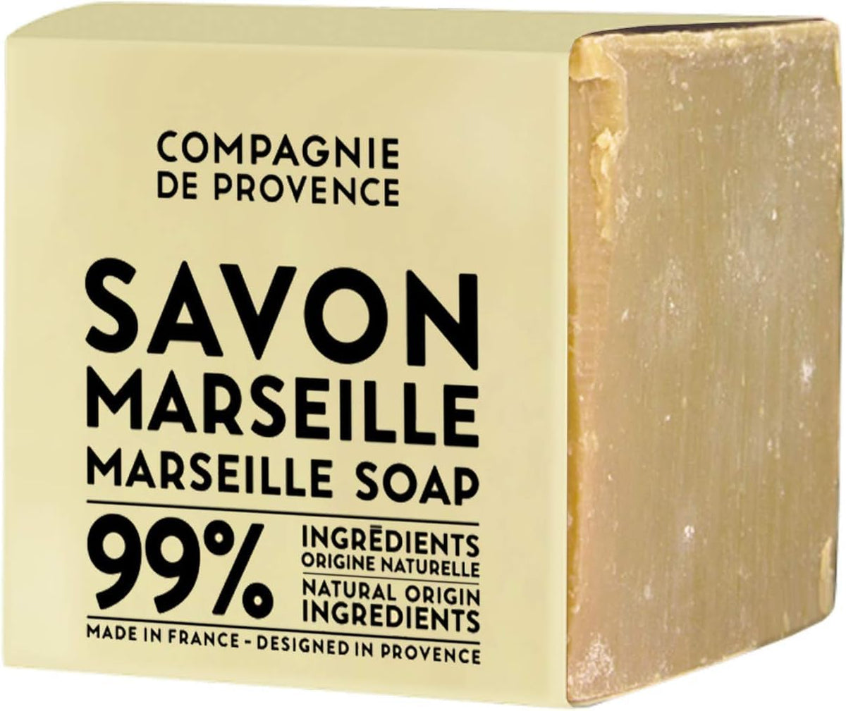La Compagnie de Provence Savon Marseille cube 400g, nettoyage polyvalent sans parfum pour peau sensible.