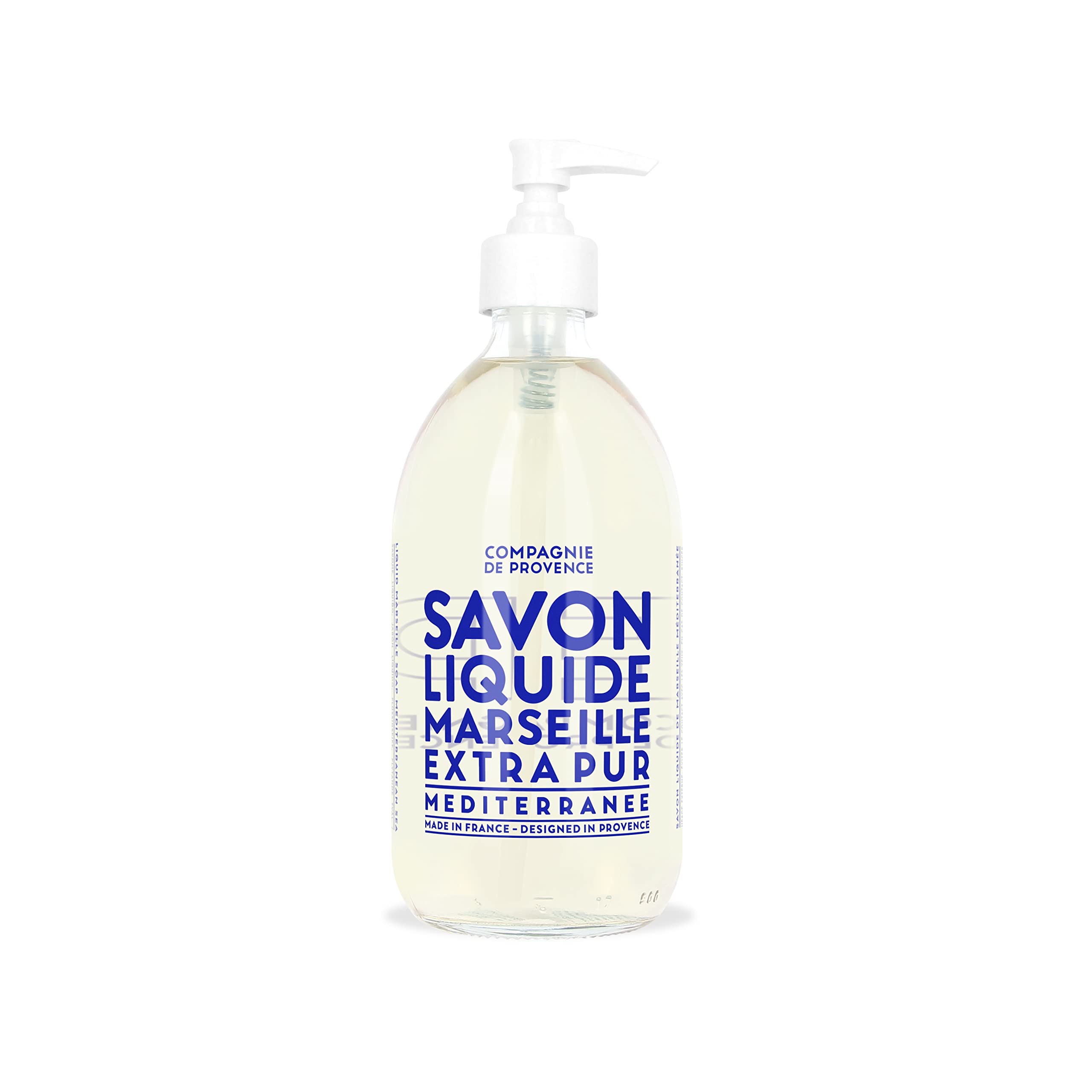 La Compagnie de Provence Savon Marseille Extra Pure dans une bouteille-pompe en verre pour usage quotidien.