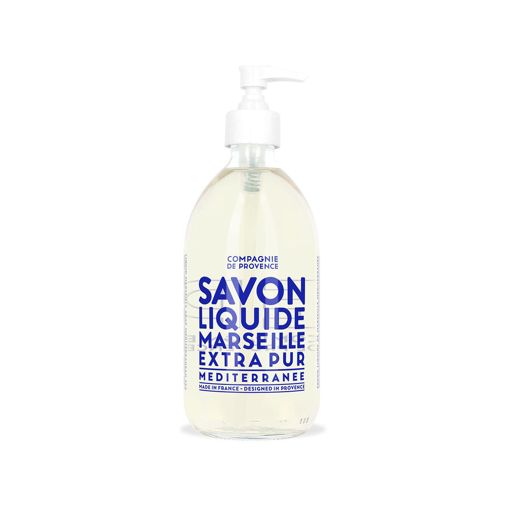La Compagnie de Provence Savon Marseille Extra Pure dans une bouteille-pompe en verre pour usage quotidien.