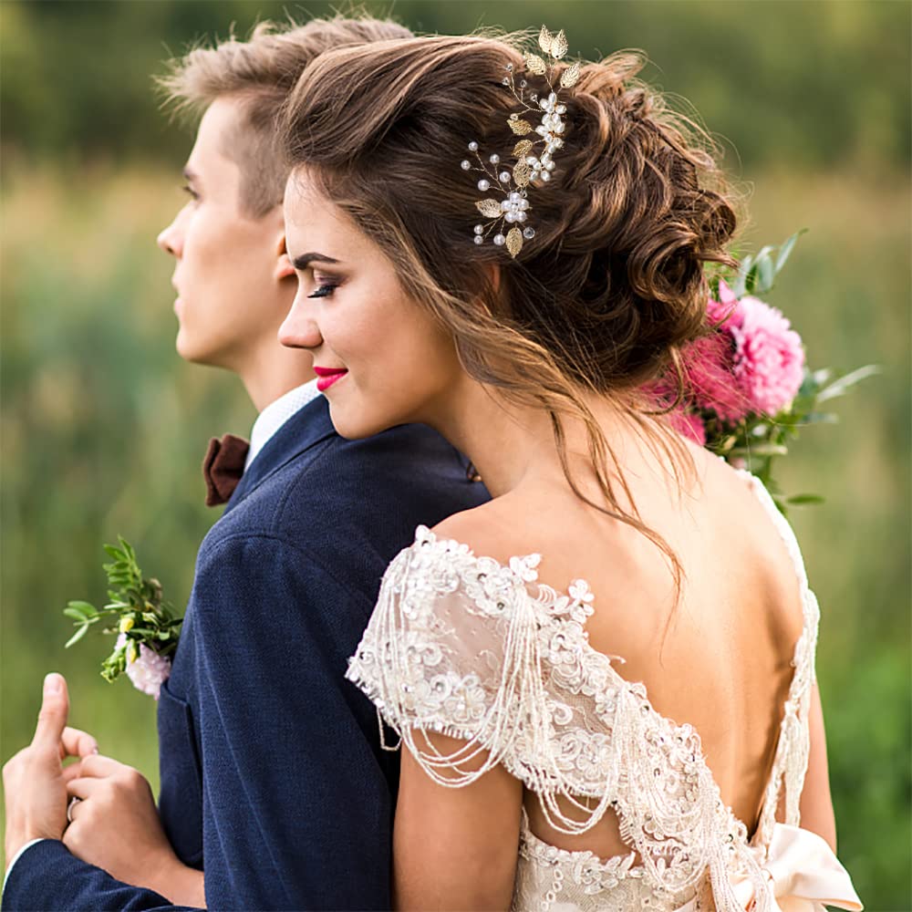 La Jolie Jasmin peigne cheveux doré avec feuille et perles, fixation stable