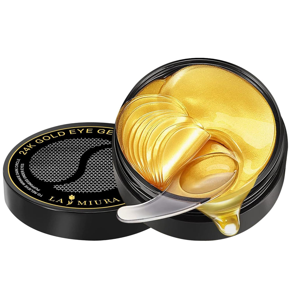 LA MIURA 24K gold under-eye patches packaging for premium skincare routine.