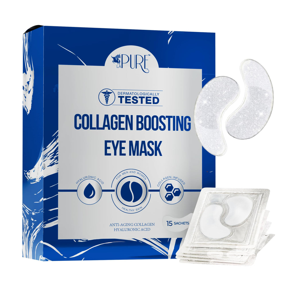 Patchs LA PURE au collagène 24K or, hydratants et raffermissants pour le contour des yeux.