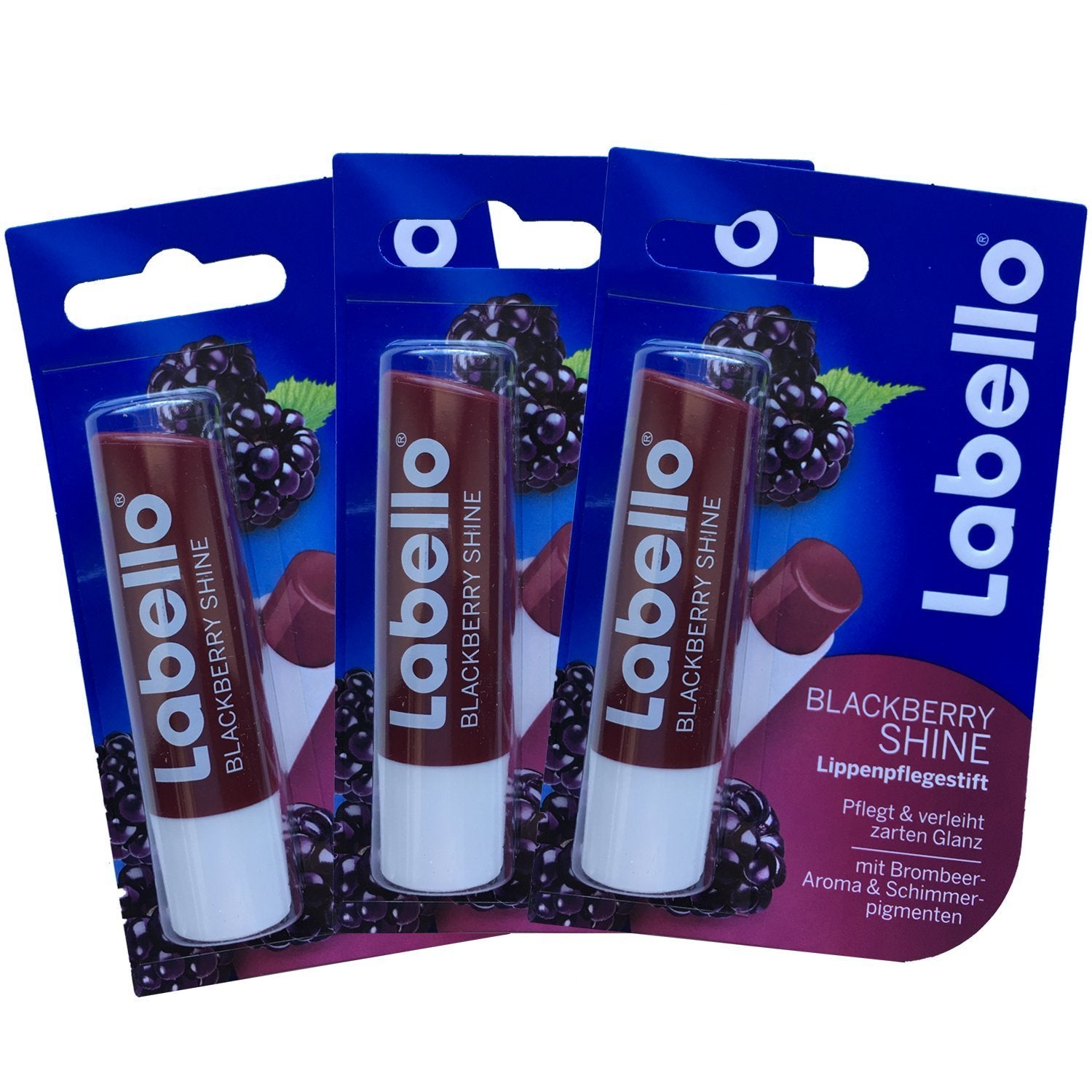 Labello Blackberry Shine, lot 3, hydratation durable et pratique.