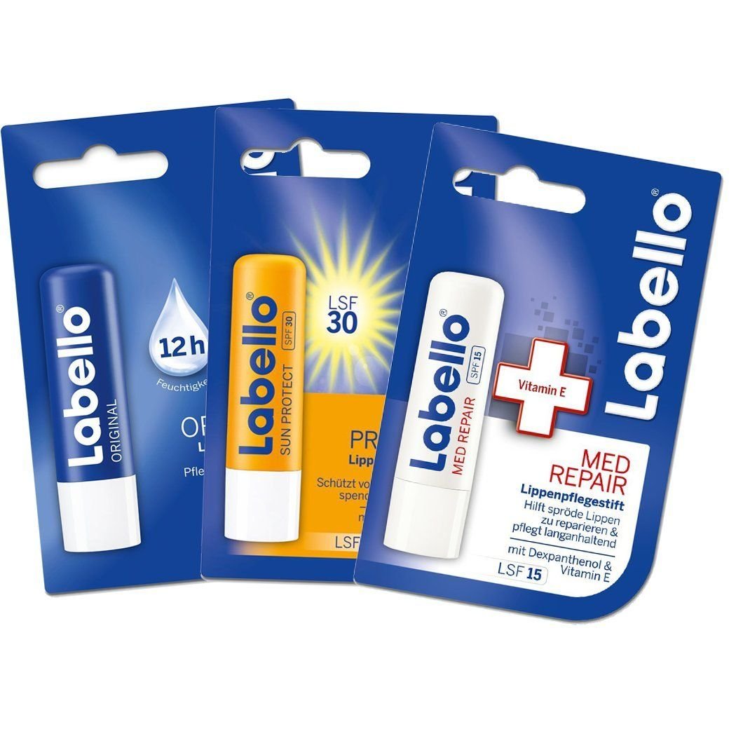 Labello Lib Balm ensemble photo montrant les trois baumes pour un soin quotidien