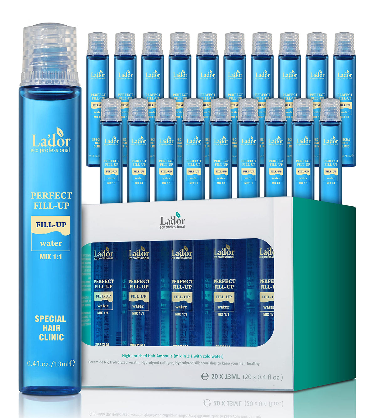 LADOR bouteille de soin intensif, démontrant une application ciblée pour cheveux secs et rééquilibrés.