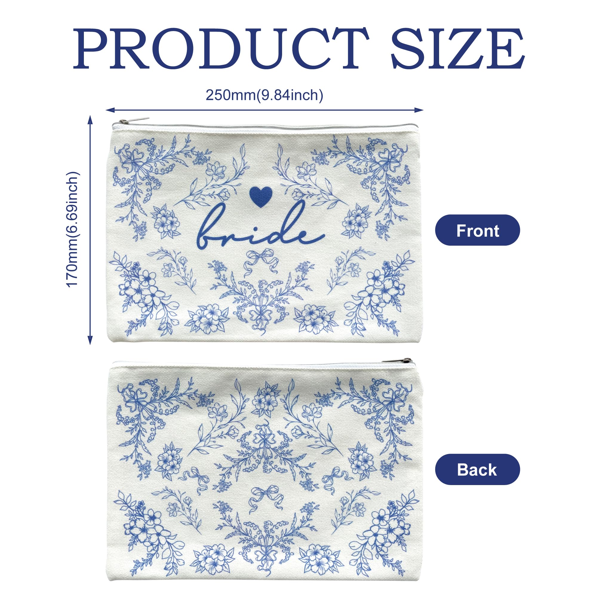 Motif bleu et blanc sur pochette mariée pour un style raffiné.