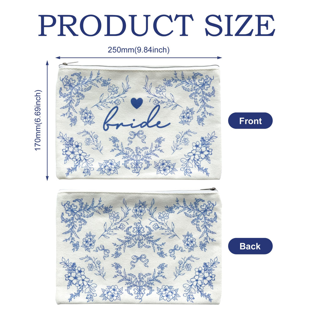 Motif bleu et blanc sur pochette mariée pour un style raffiné.