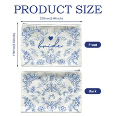 Motif bleu et blanc sur pochette mariée pour un style raffiné.